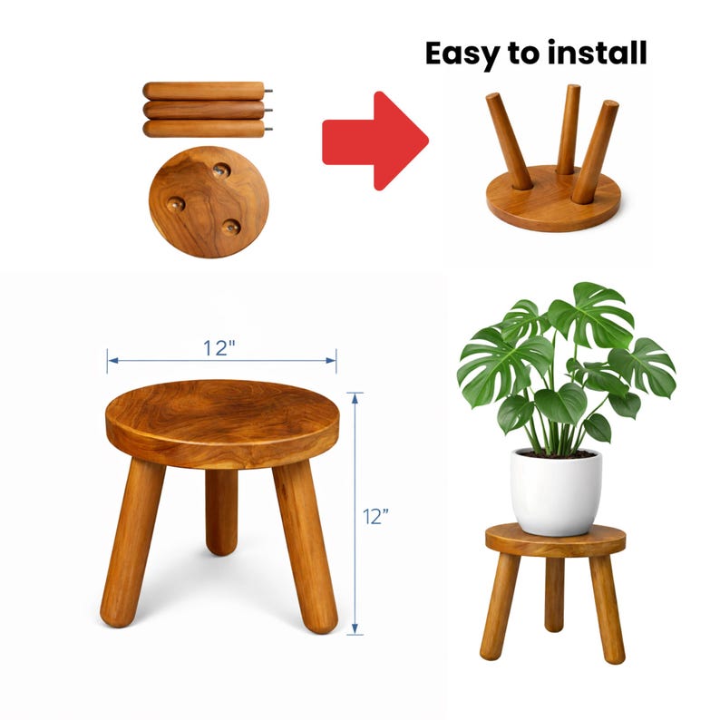 May include: A wooden plant stand with a round top and three legs. The stand is 12 inches in diameter and 12 inches tall. The image shows the stand assembled and disassembled, with the text "Easy to install".