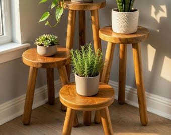 Handmade Teak Plant Stand – Round Wooden Stool for Indoor Plants