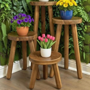 May include: A collection of wooden plant stands of varying heights, each with three angled legs and a round top. The stands display potted flowers in shades of purple, pink, and yellow. The background features a green wall of plants.