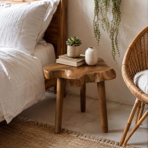 May include: A natural wood side table with a live edge top and three cylindrical legs. On the table sits a small green succulent in a textured beige pot and a smooth, off-white ceramic vase resting on two stacked rectangular books.