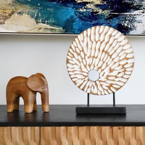 Circle Teak Sculpture, Handmade Ornaments Decoration for Living Room, 11.8" x 3.5" x 15"