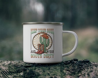 Christian Enamel Camp Mug Keep Your Soul Clean and Your Boots Dirty Steel Outdoor Mug Faith Inspired Camping Gear