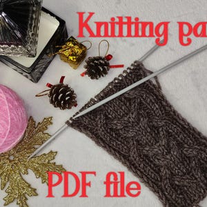 May include: Knitting pattern PDF file with a close-up of a brown knitted fabric with a cable stitch pattern. The image also shows balls of yarn in pink, purple, and blue, and a pair of knitting needles.