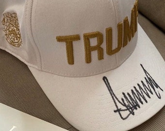 2024 Donald Trump Signed White and Gold TRUMP Hat | JSA Cert Autograph | Donald Trump Fan | Donald Trump Signed Hat | Trump Signed Gifts.