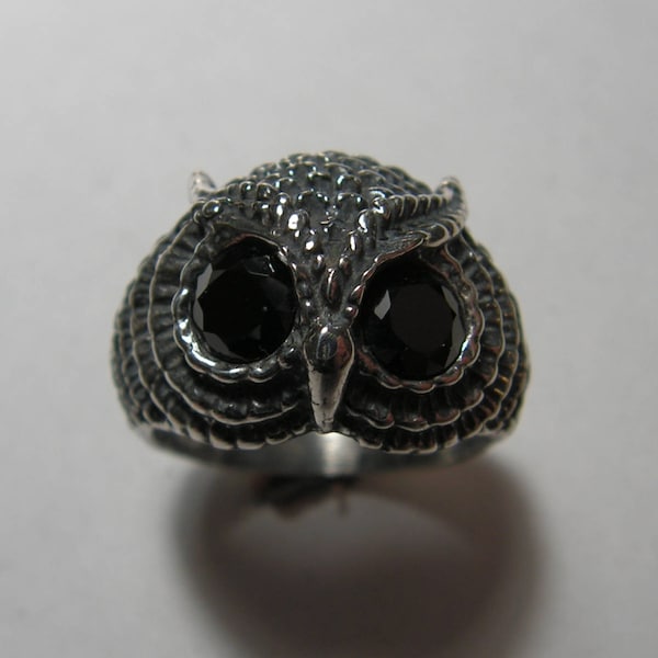 Owl Ring Black Onyx Eyes in Sterling Silver