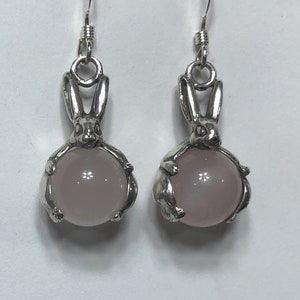 Rabbit Earrings with Rose Quartz and Sterling Silver