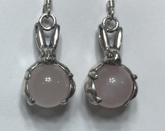 Rabbit Earrings with Rose Quartz and Sterling Silver