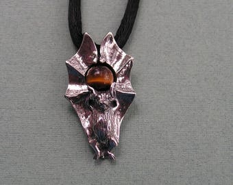 Bat Pendant With Tiger Eye In Sterling Silver