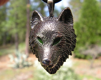 Wolf Pendant With Green Eyes In Sterling Silver