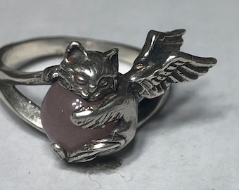Angel Cat Ring With Aventurine In Sterling Silver