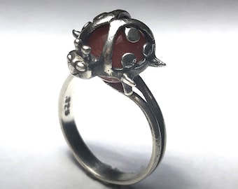 Ladybug Ring with Carnelian in Sterling Silver