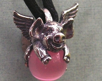 Flying Pig Pendant With Pink Stone In Sterling Silver