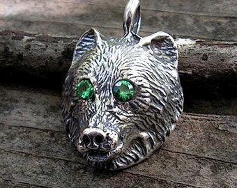 Bear Pendant With Emerald Eyes In Sterling Silver