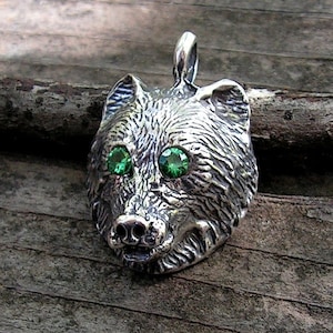 Bear Pendant With Emerald Eyes In Sterling Silver
