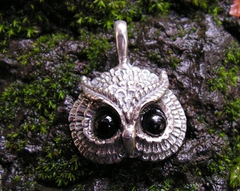 Owl Pendant With Black Onyx Eyes In Sterling Silver