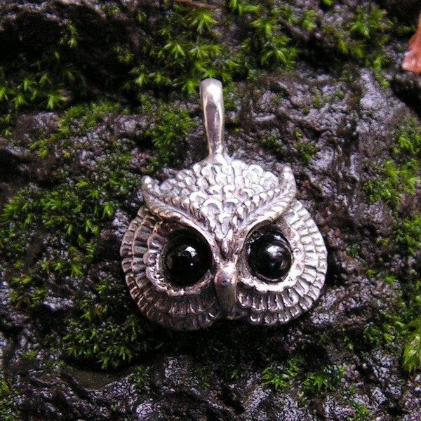 Owl Pendant With Black Onyx Eyes In Sterling Silver