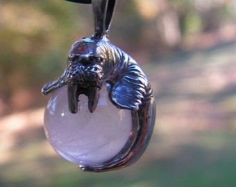 Walrus Pendant in Sterling Silver with Rose Quartz