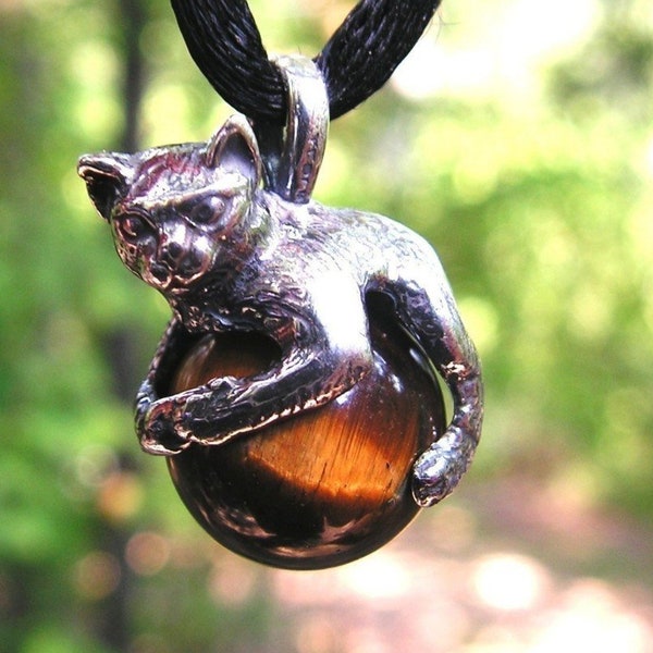 Cat Pendant With Tiger Eye In Sterling Silver