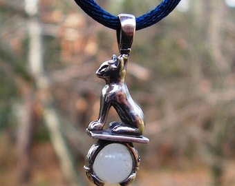 Egyptian Cat Pendant With Moonstone In Sterling Silver