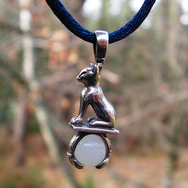 Egyptian Cat Pendant With Moonstone In Sterling Silver