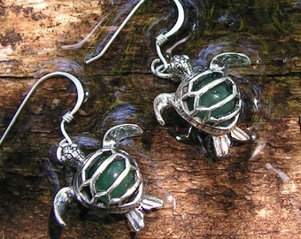 Sea Turtle Earrings With Aventurine In Sterling Silver