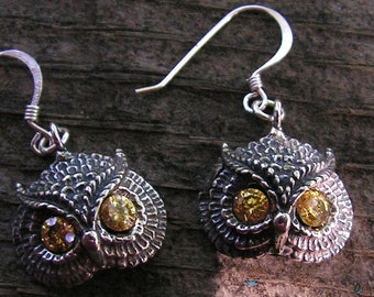 Owl Earrings With Citrine Eyes In Sterling Silver