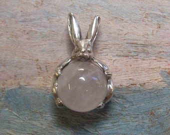 Rabbit Pendant With Natural Rose Quartz In Sterling Silver