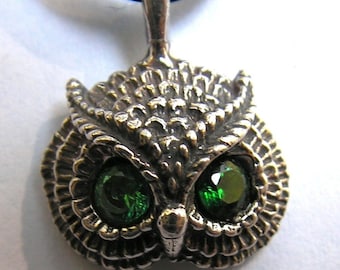 Owl Pendant With Emerald Eyes In Sterling Silver