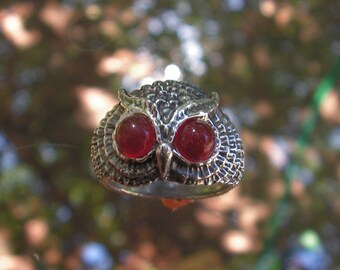 Owl Ring With Carnelian Eyes In Sterling Silver