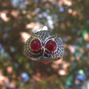 Owl Ring With Carnelian Eyes In Sterling Silver