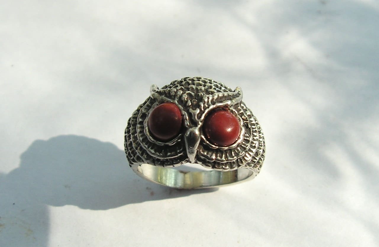 Owl Ring With Red Jasper Eyes In Sterling Silver