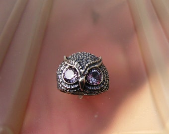 Owl Ring With Alexandrite Eyes In Sterling Silver