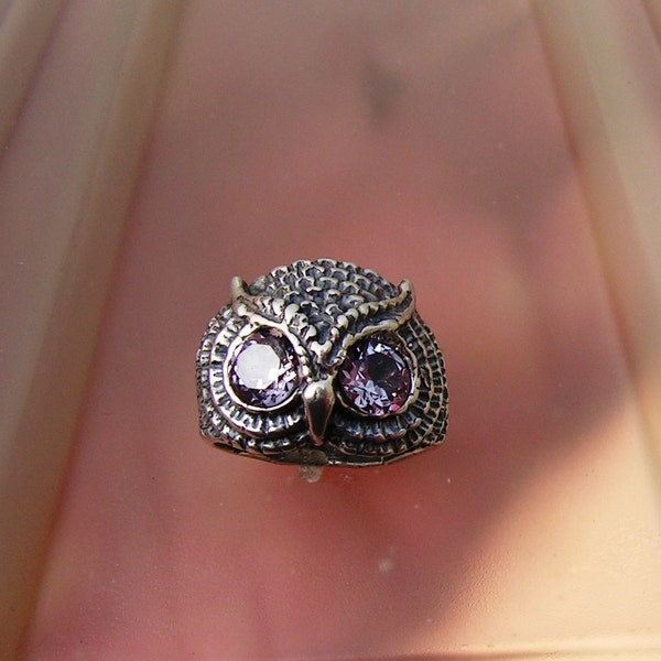 Owl Ring With Alexandrite Eyes In Sterling Silver