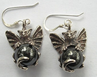 Gargoyle Earrings in Sterling Silver With Hematite