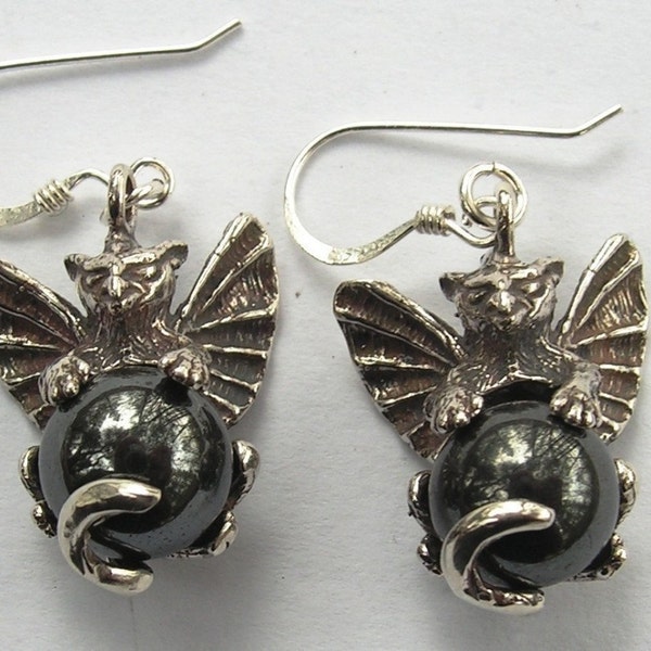 Gargoyle Earrings in Sterling Silver With Hematite