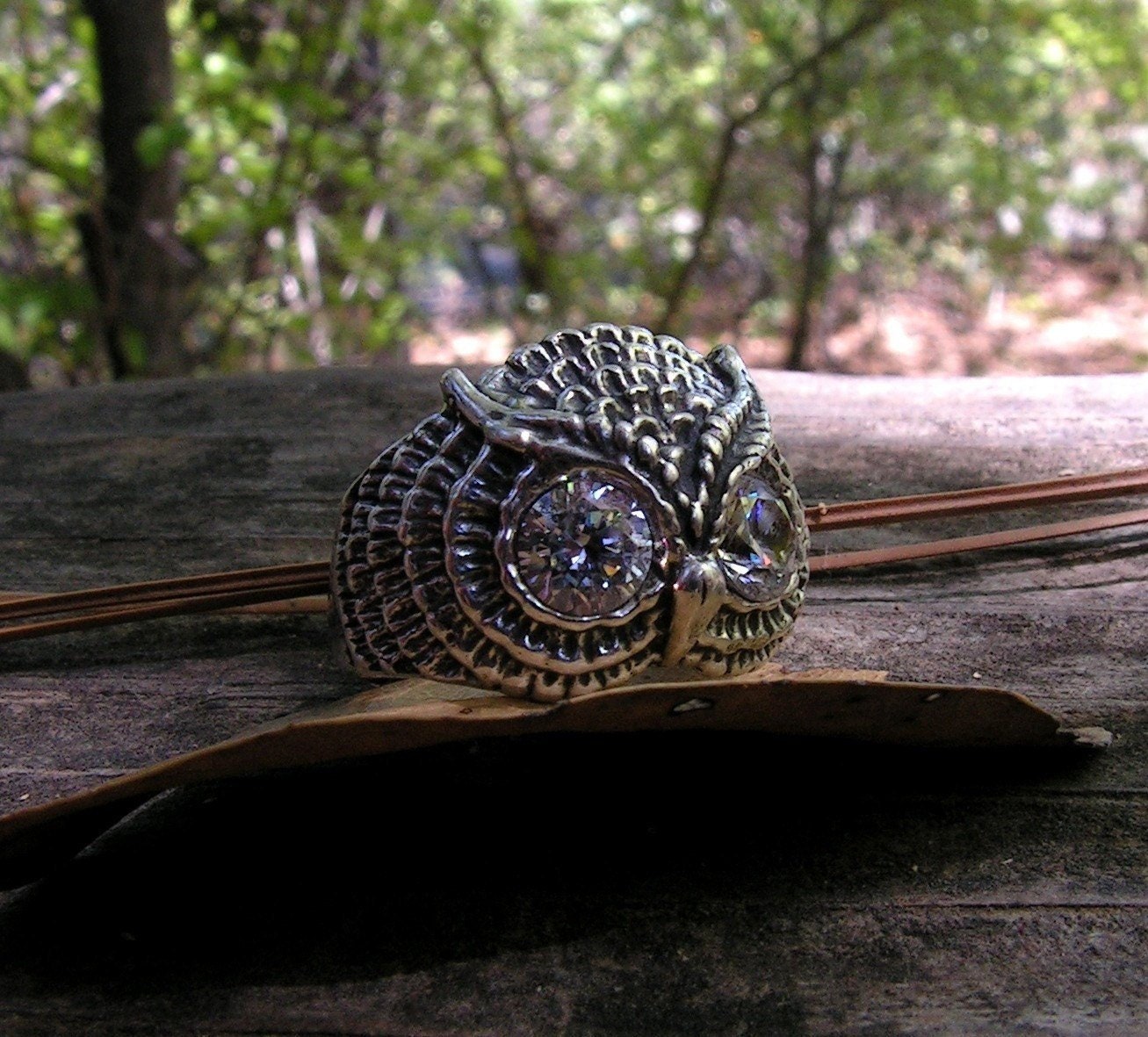 Owl Ring With Clear Eyes In Sterling Silver