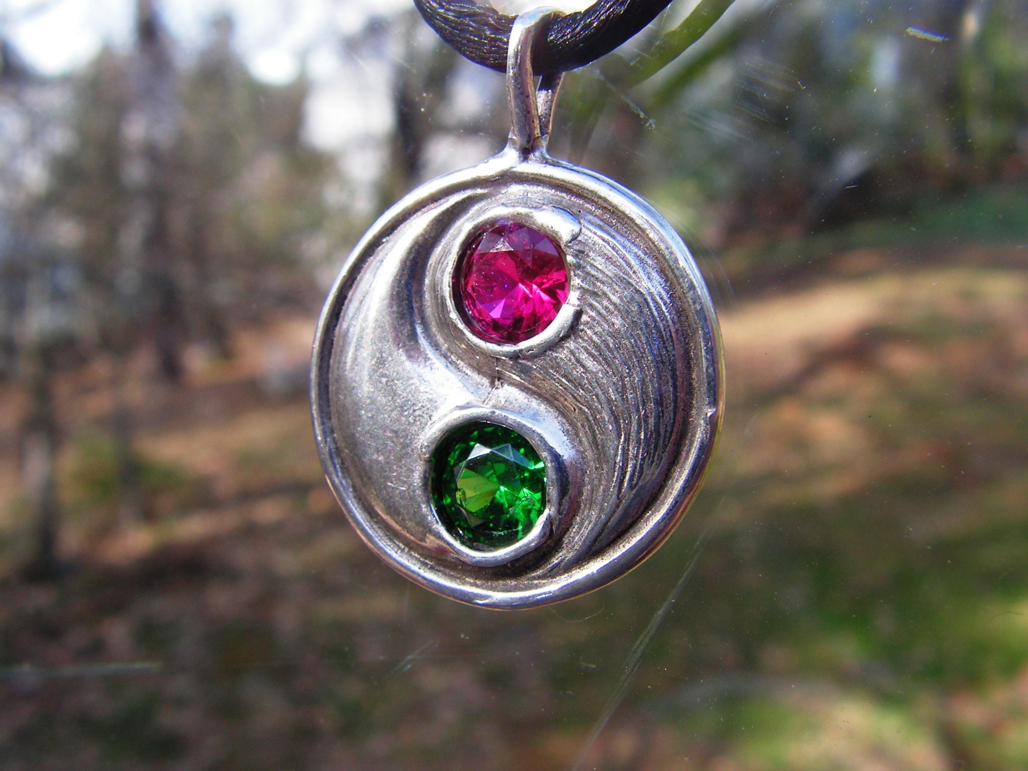 Yin Yang Pendant with Emerald and Ruby in Sterling Silver
