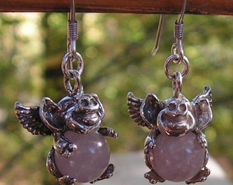Flying Pig Earrings With Natural Rose Quartz In Sterling Silver