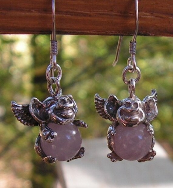 Flying Pig Earrings With Natural Rose Quartz in Sterling Silver