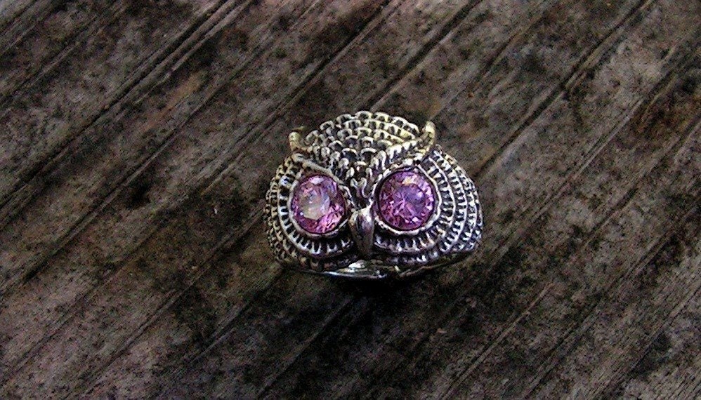 Owl Ring With Pink Tourmaline Eyes In Sterling Silver