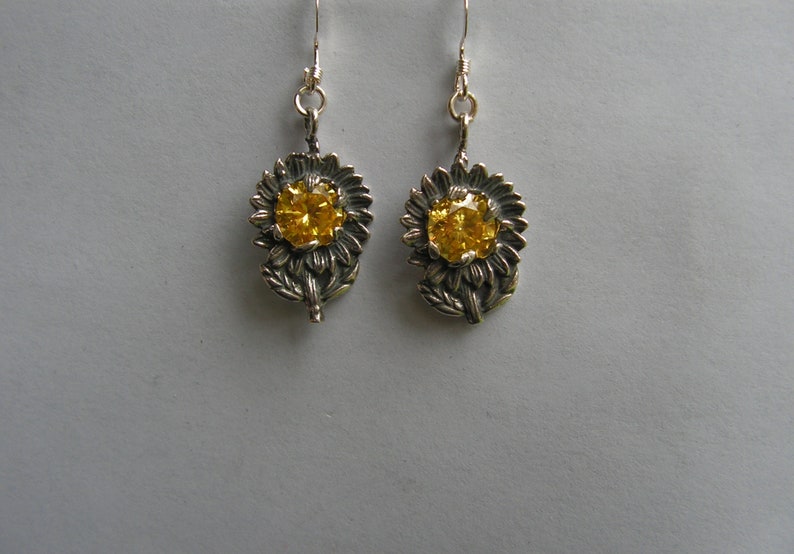 Sunflower Earrings In Stering Silver With Citrine