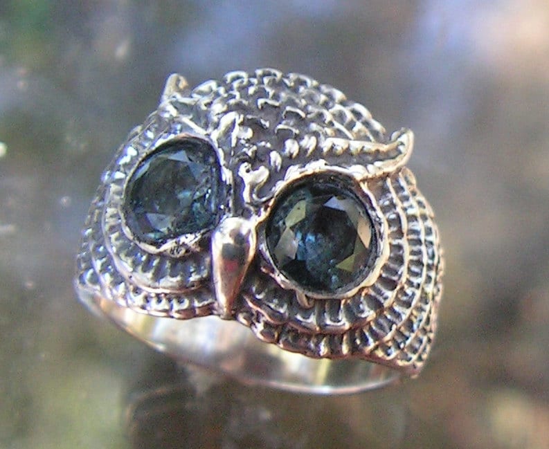 Owl Ring With Aquamarine Eyes In Sterling Silver