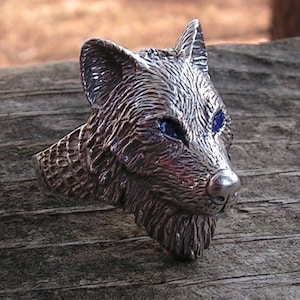 Wolf Ring With Blue Eyes In Sterling Silver