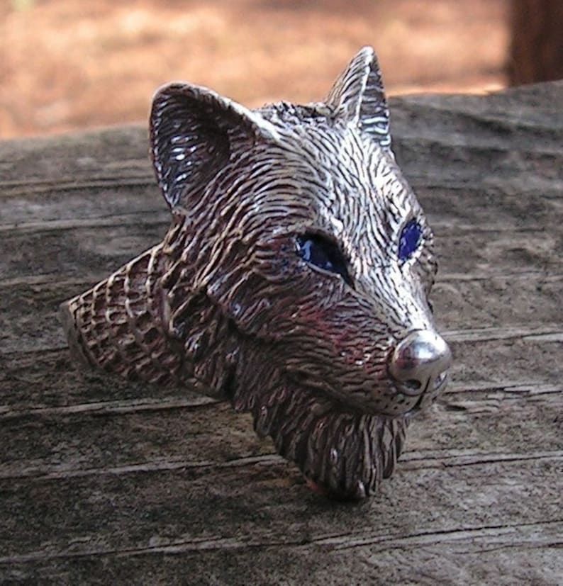 Wolf Ring With Blue Eyes In Sterling Silver image 1