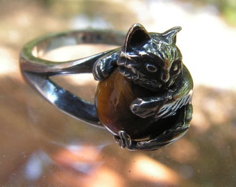 Cat Ring With Tiger Eye In Sterling Silver