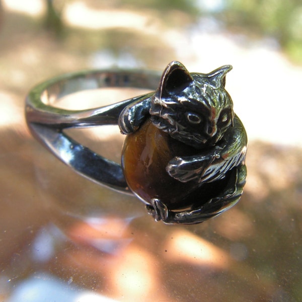 Cat Ring With Tiger Eye In Sterling Silver