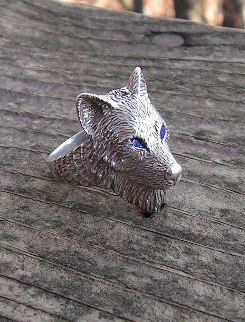 Wolf Ring With Blue Eyes In Sterling Silver image 4