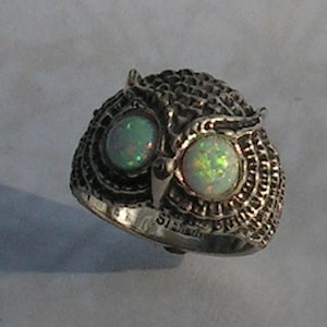 Owl Ring With Opal Eyes In Sterling Silver