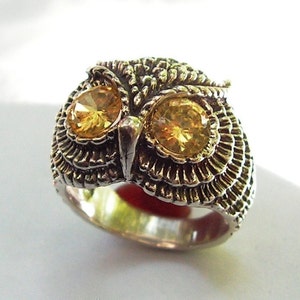 Owl Ring With Citrine Eyes in Sterling Silver