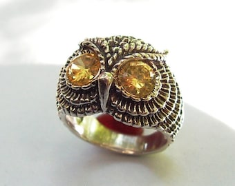 Owl Ring With Citrine Eyes in Sterling Silver